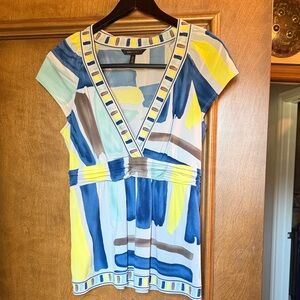 Mixed Brushstroke V-Neck Top in Blue, Yellow, White, BCBGMaxazaria
